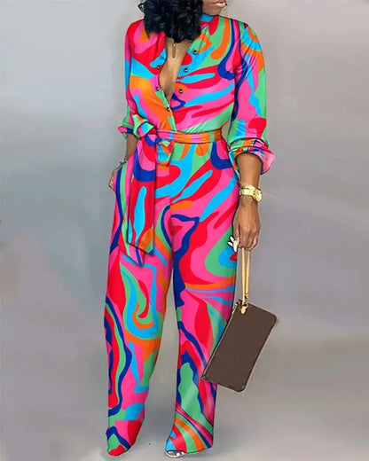 Women Fashion Letter Print Long Sleeve Jumpsuit Spring Button One Piece Overalls Streetwear Autumn Elegant Office Lady Playsuit