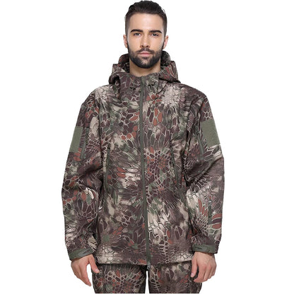 Men's Soft Shell Camouflage Tactical Jacket Men Waterproof Fleece Lined Coat Hooded Outdoor Hiking Hunting Clothes