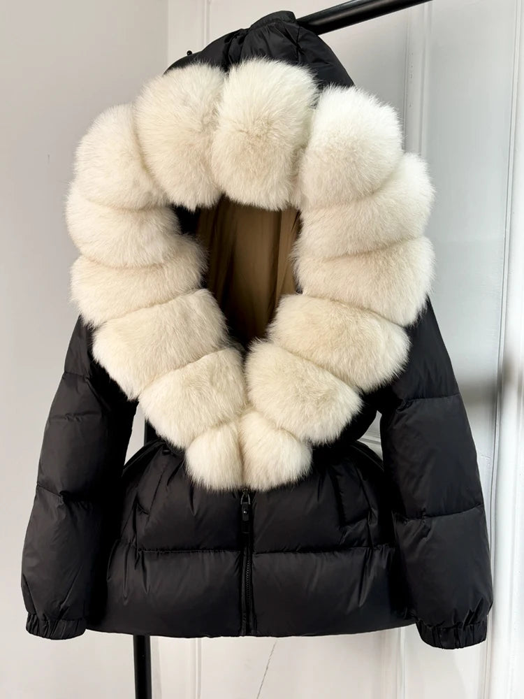 Janveny 2025 Winter Puffer Jacket Women Real Fox Fur Hooded Thick Warm 90% White Duck Down Coat Female Parkas Waterproof
