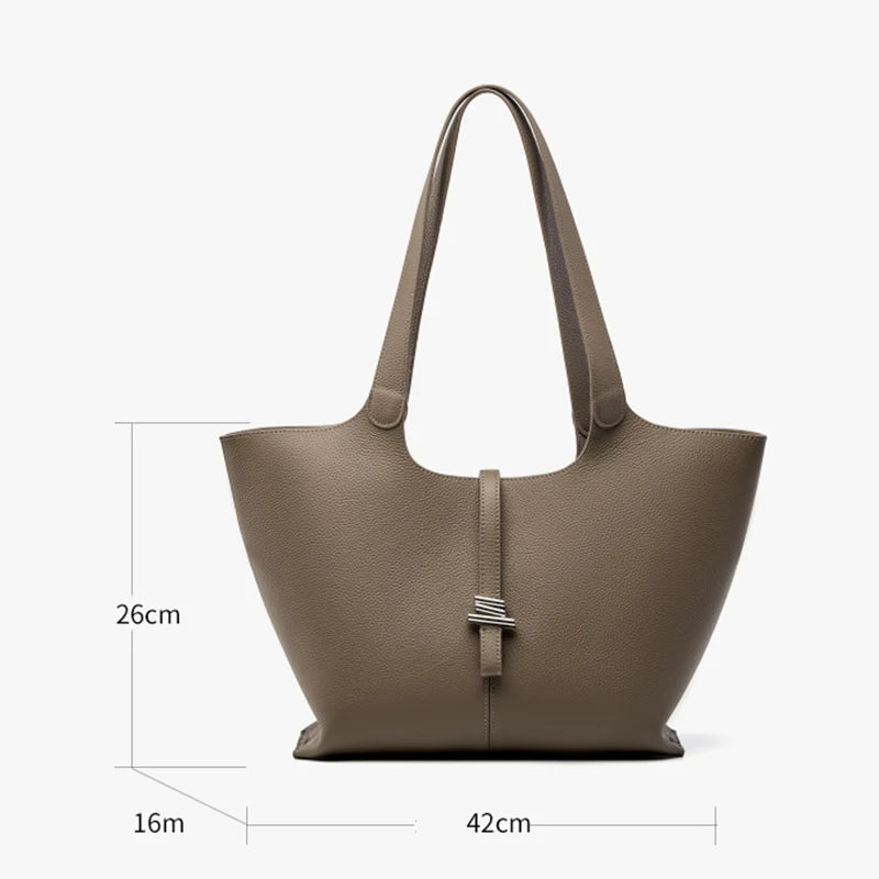 Head layer cowhide wind chime tote bag for women, large capacity commuting handbag single shoulder leather handbag for women