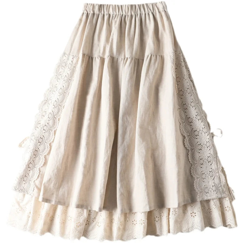 Sweet Sle Linen Skirt with Belt And Elastic Waist Heavy Embroidery Japanese Brand Women's Fashion Commute High Waist Long A...