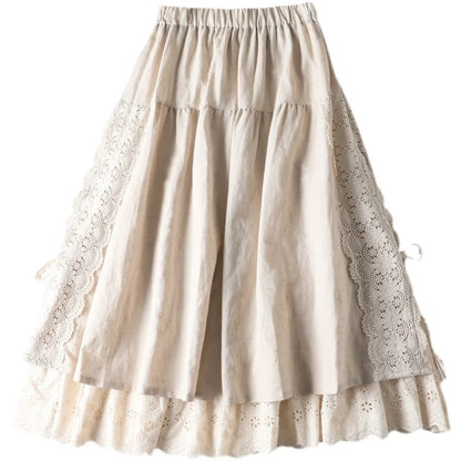 Sweet Sle Linen Skirt with Belt And Elastic Waist Heavy Embroidery Japanese Brand Women's Fashion Commute High Waist Long A...