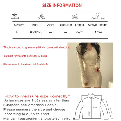 Women Knit Slim Sexy Bodycon Dress V-Neck Long Sleeve Casual Midi Sweater
