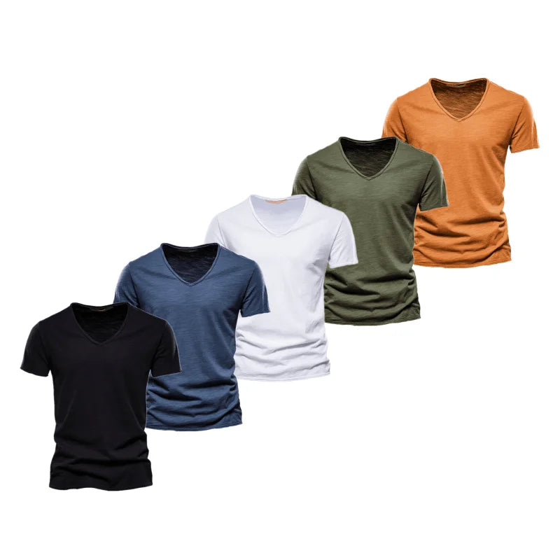 5 Pcs Brand T Shirt Men Casual Solid Color Slim Fit V-neck T-shirts Men New Summer Quality 100% Cotton T Shirt for Men