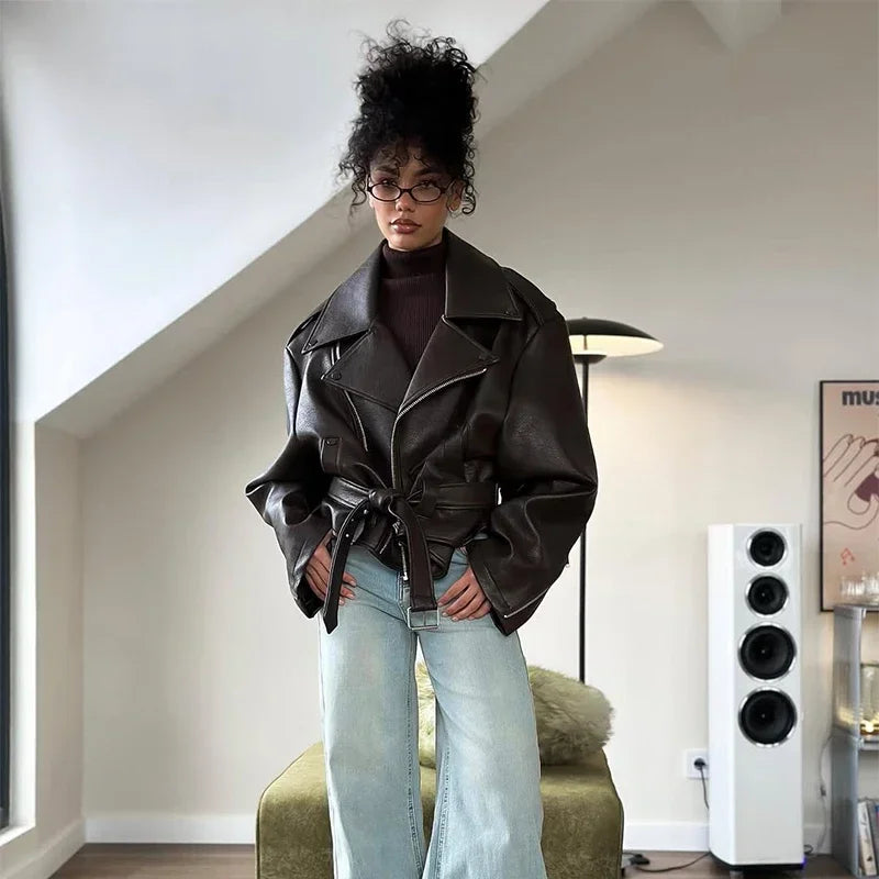 Brown Lapel Leather Bomber Jacket Women's Fashion Full Sleeve Zipper Pocket Lace Up Belt Coat 2025 Autumn High Street Outerwear