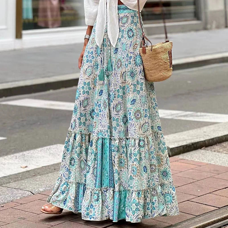 High Waist Patchwork Ruffles Print Skirt Summer Elegant Women Casual Long Skirt Femme Loose Floor-Length Maxi Skirt Dropshipping