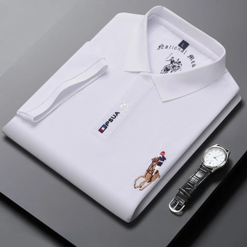 Men's High-quality Summer New Embroidered Lapel Men's Short Sleeved Polo Shirt with Tassel Solid Color Business Casual Men's Pol