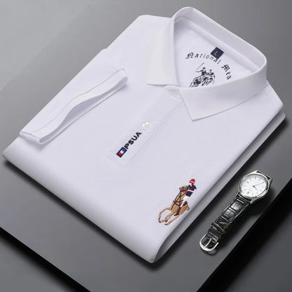 Men's High-quality Summer New Embroidered Lapel Men's Short Sleeved Polo Shirt with Tassel Solid Color Business Casual Men's Pol