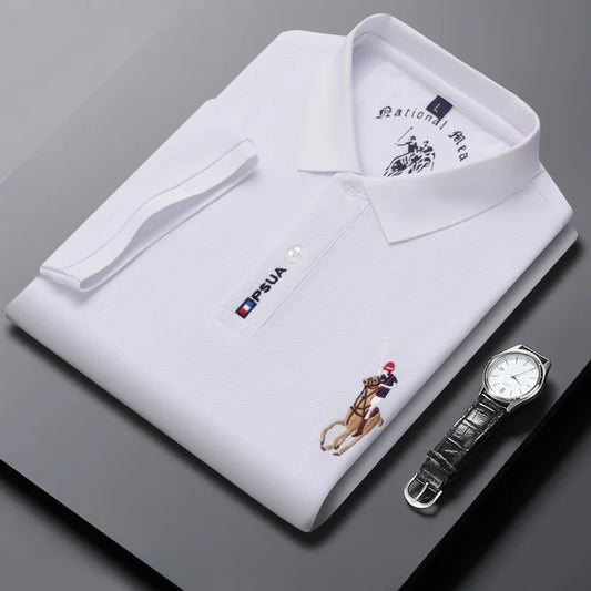 Men's High-quality Summer New Embroidered Lapel Men's Short Sleeved Polo Shirt with Tassel Solid Color Business Casual Men's Pol