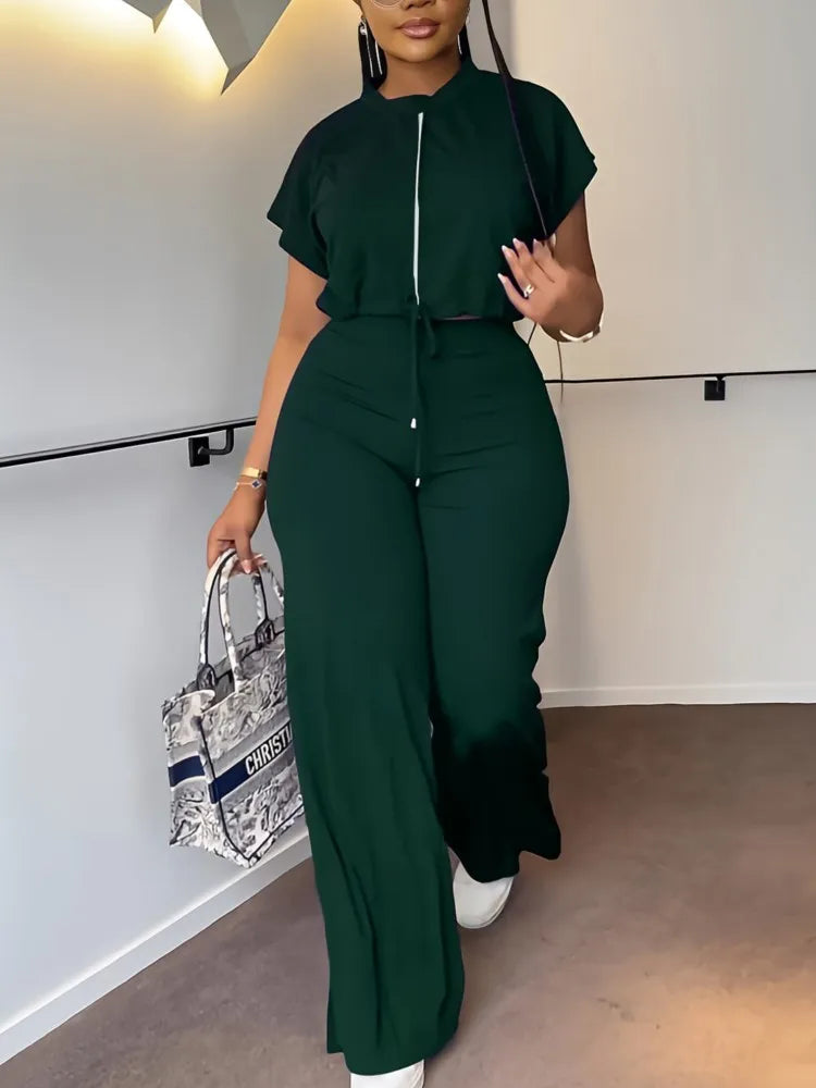 Women Short Sleeve Top & High Waist Pants Set