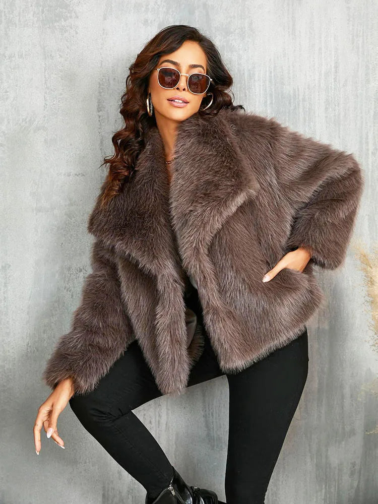 Women Oversized Turn Down Collar Fluffy Faux Fur Vintage Jacket Coats Winter Clothes