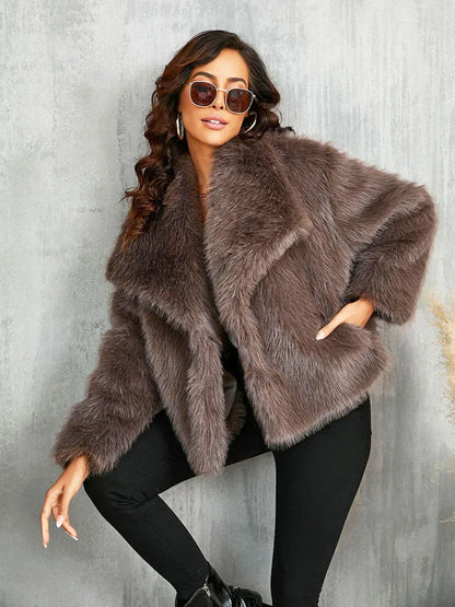Women Oversized Turn Down Collar Fluffy Faux Fur Vintage Jacket Coats Winter Clothes