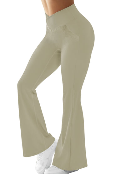2 Pockets High Waist Stretch Slim Women Flared Leggings Solid Elegant Versatile Tights Woman Street Casual Yoga Fitness Sports