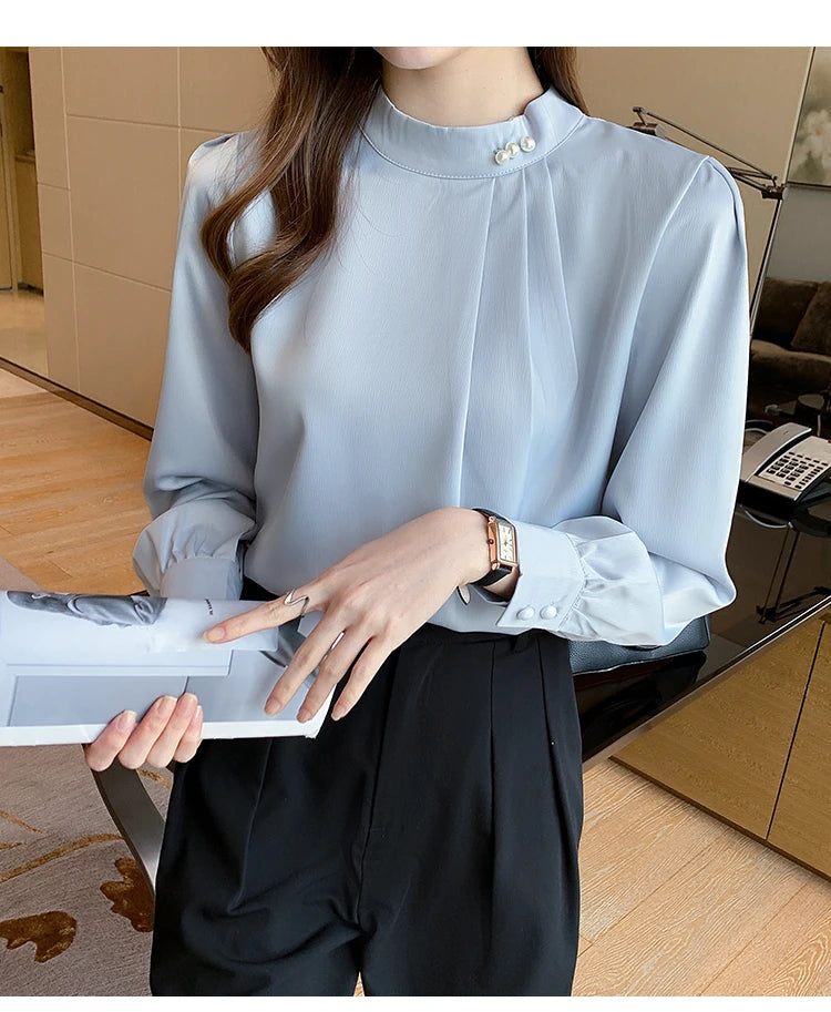 Spring Autumn Satin Women's Blouses 2025 New Long Sleeve Beading Solid Stand Collar Workwear Office Lady Elegant Shirt Female