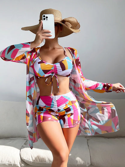 Summer Print Swimsuits Tankini Sets Female Swimwear Push Up For Beach Wear Three-Piece Bathing Suits Pool Women's Swimming Suit
