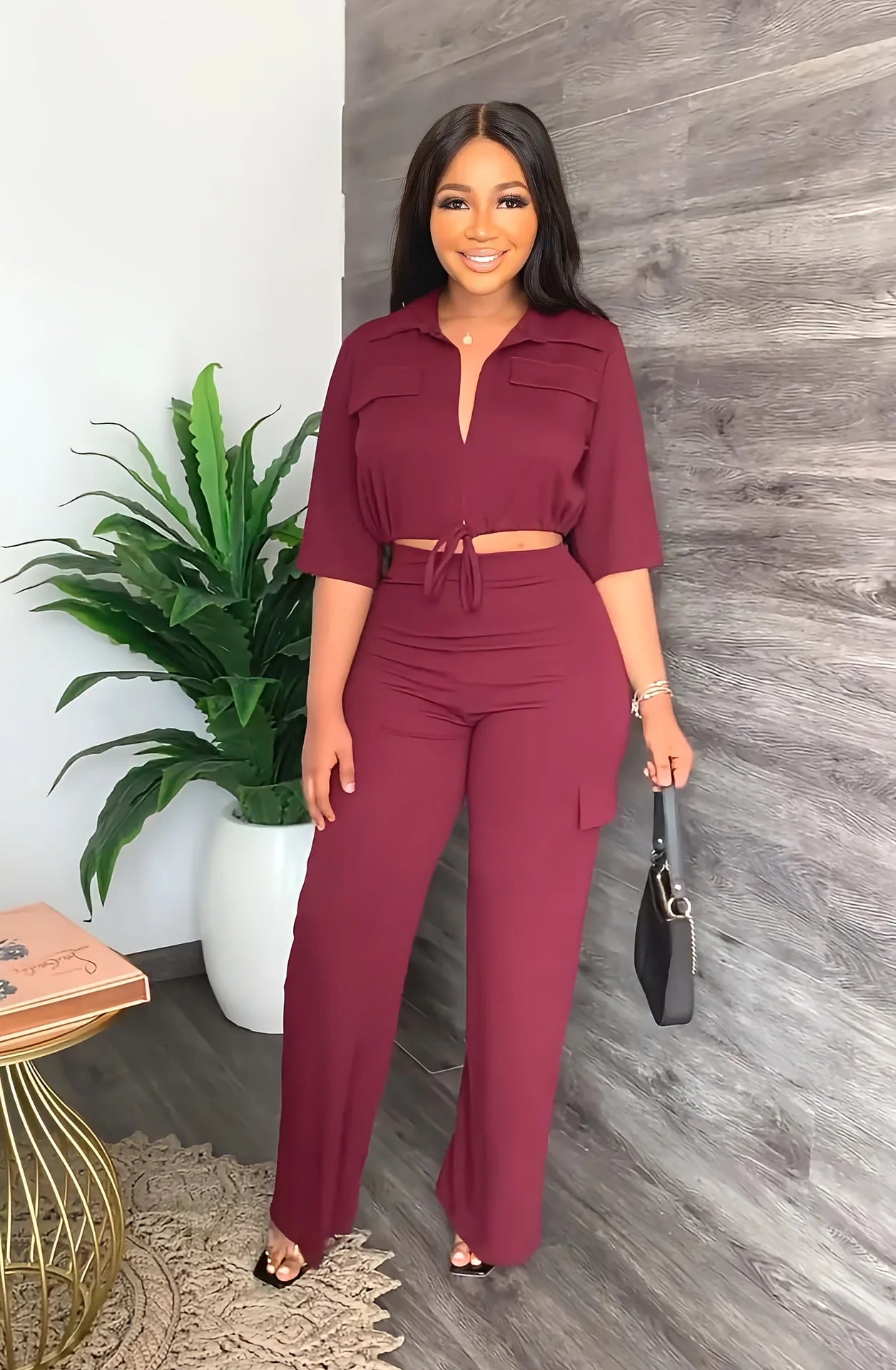 Elegant Office Women Two Piece  Short Shirt + Wide Leg Trousers Set