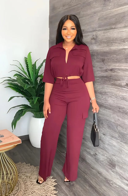 Elegant Office Women Two Piece  Short Shirt + Wide Leg Trousers Set