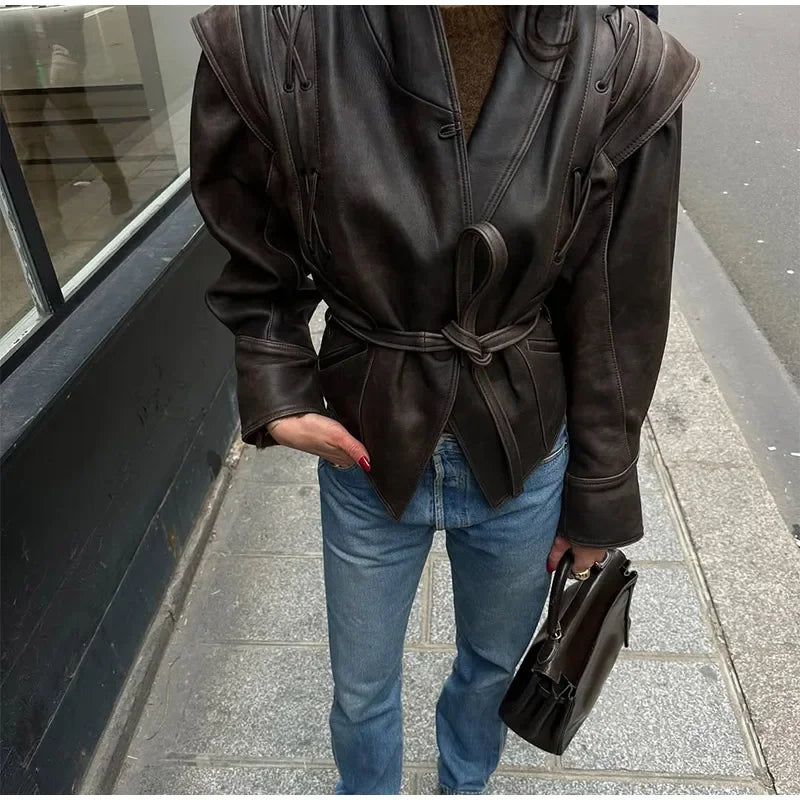 Brown Lapel Leather Bomber Jacket Women's Fashion Full Sleeve Zipper Pocket Lace Up Belt Coat 2025 Autumn High Street Outerwear
