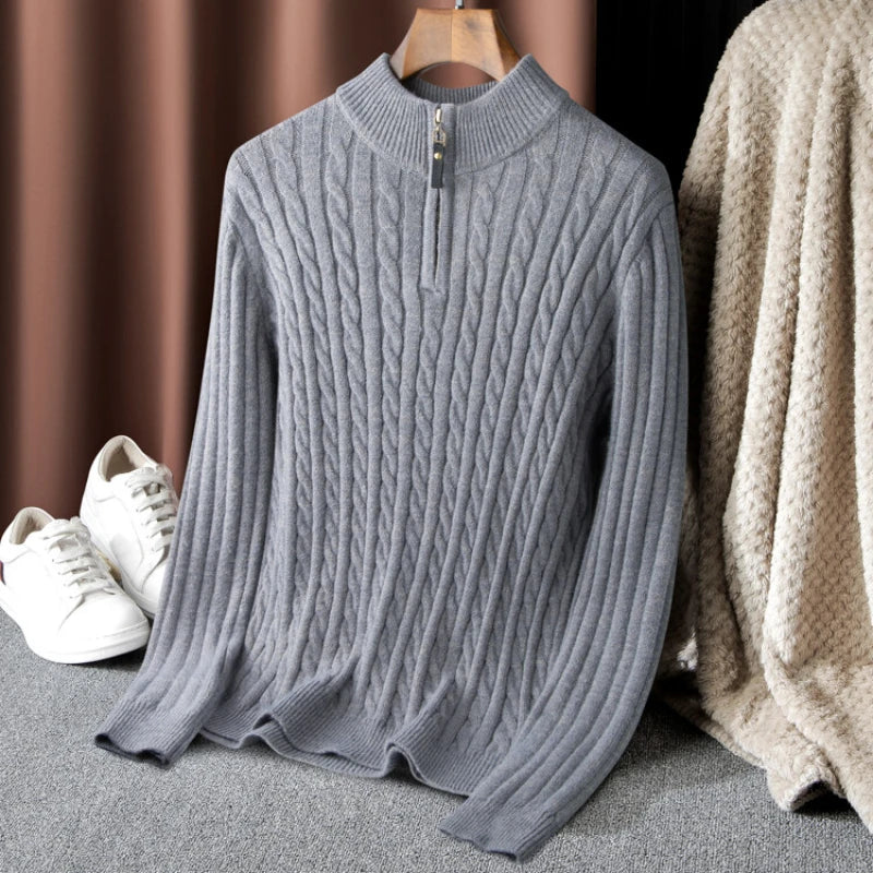 Boutique Men's Solid Color Turtleneck Top Autumn and Winter Thermal Zipper Pullover Sweater Stretch Sweater