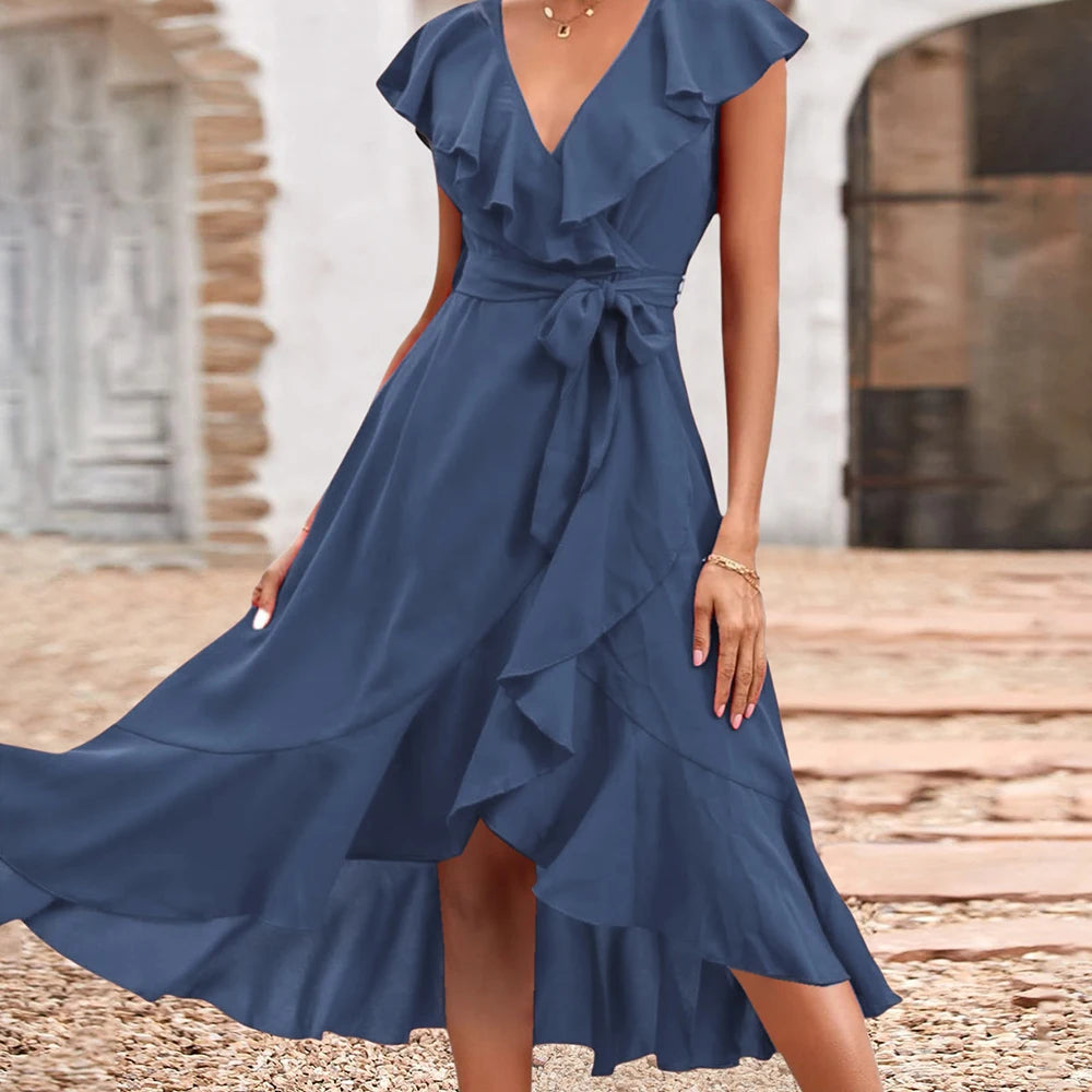 Women's Elegant Solid Ruffle Flying Sleeve Lace Up Skater Midi Dress Summer Ladies Party Holiday Casual Sundress Size S-2XL