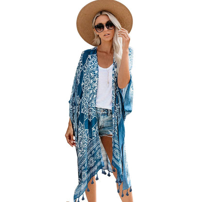 European and American seaside vacation print tassel cover up casual medium length loose beach dress for women