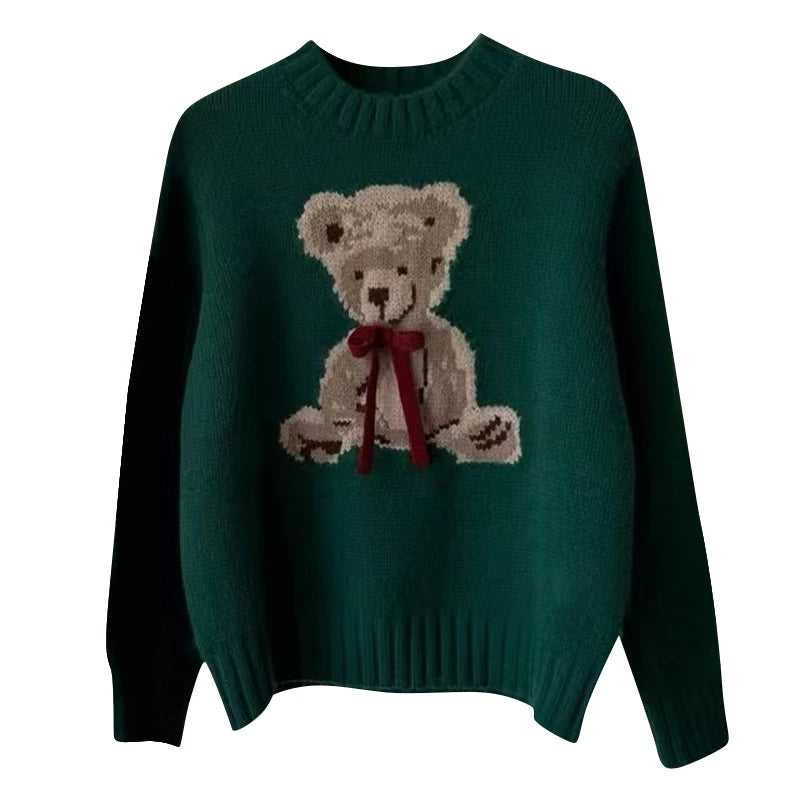 Christmas Sweet Style Knitting Long Sleeve Casual Pullovers 2025 Winter Women Lovely Jumpers Bow Round Neck Ladies Red Sweater