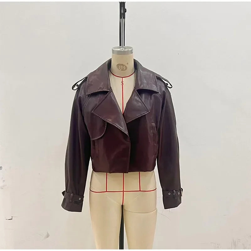 Brown Lapel Leather Bomber Jacket Women's Fashion Full Sleeve Zipper Pocket Lace Up Belt Coat 2025 Autumn High Street Outerwear