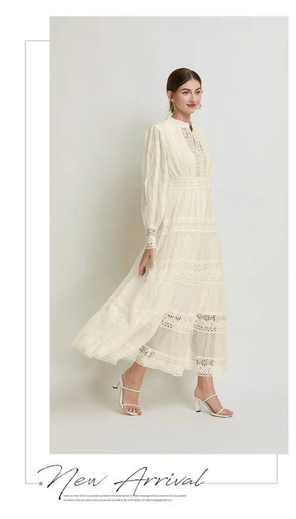 French Fashion Retro Dress Summer Clothing Lace Lace Splicing V-neck Design Lantern Sleeve Dress White Club Outfits for Women