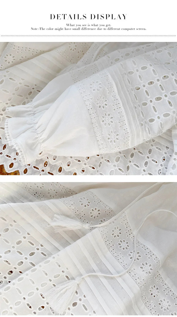 2025 Spring New Women's French White Shirt Splicing Lace Embroidery Design Ladies Shirt Long Sleeve Casual Holiday Beach Tops