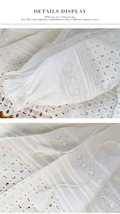 2025 Spring New Women's French White Shirt Splicing Lace Embroidery Design Ladies Shirt Long Sleeve Casual Holiday Beach Tops