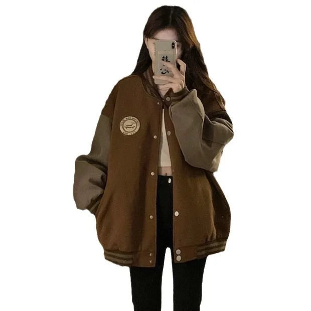Lazy Style Baseball Jacket for Women in Autumn and Winter, Plush and Thickened Fashion Retro Loose Fitting  Jacket