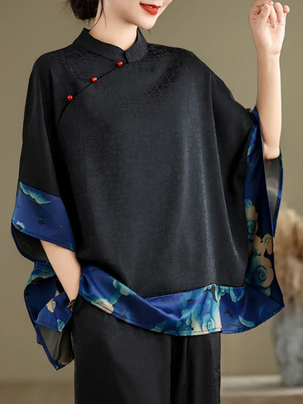 Mulberry Silk Chinese Style T-shirt for Women Spring Summer Fashion Vintage Patchwork Half Sleeve Cloud Embroidery Female Blouse