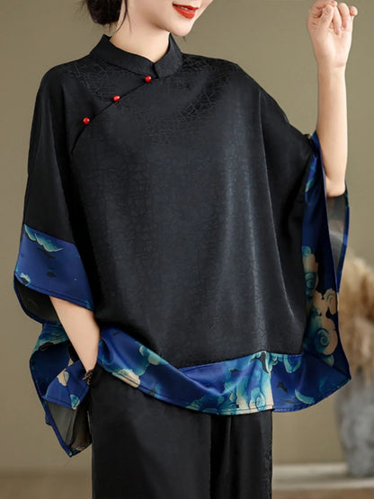 Mulberry Silk Chinese Style T-shirt for Women Spring Summer Fashion Vintage Patchwork Half Sleeve Cloud Embroidery Female Blouse