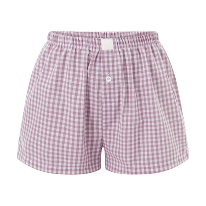 Women’s Y2K Retro Cleanfit Plaid Print Elastic Low Waist Button Front Aesthetic Loungewear Loose Shorts Boxers Streetwear