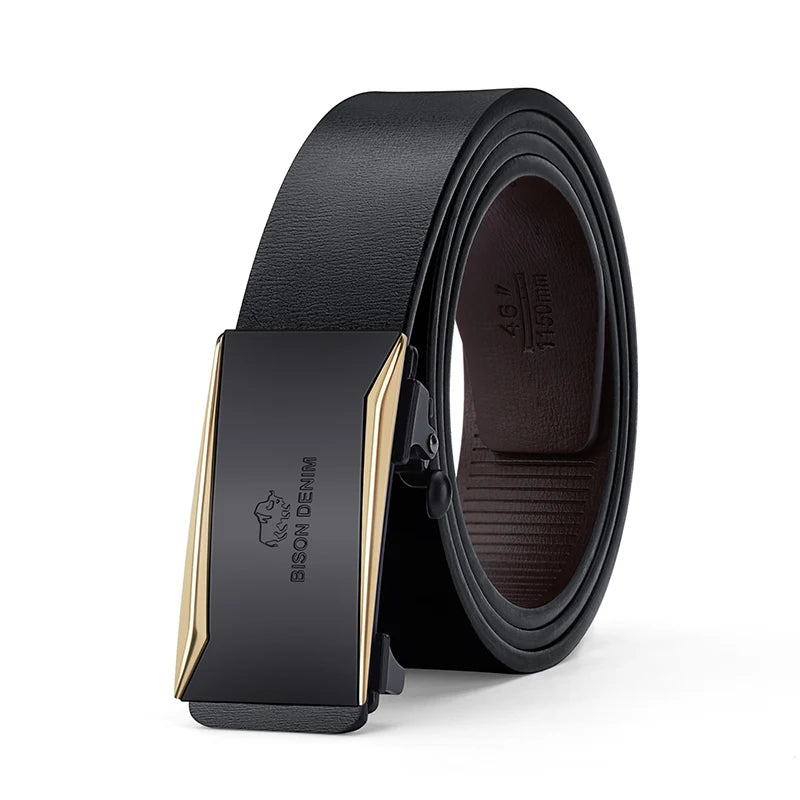 BISON DENIM Men Automatic Male Belts Cummerbunds Cowskin Leather Belt Men Black Belts Genuine Leather Belts Luxury Brand