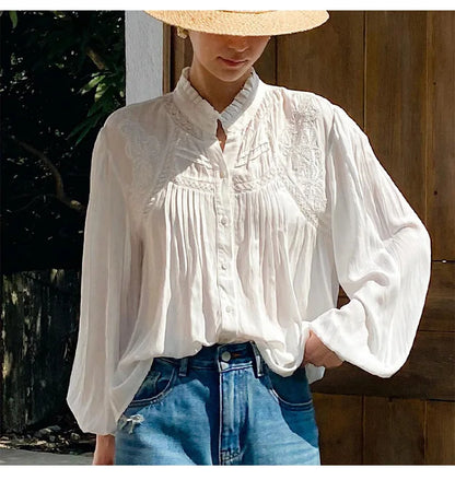 2025 Spring New Women's French White Shirt Splicing Lace Embroidery Design Ladies Shirt Long Sleeve Casual Holiday Beach Tops