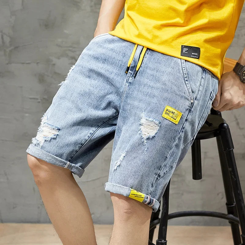 Summer Denim Shorts For Men Trendy Ripped Elastic Waist Loose Fit Casual Jeans 5 Minute Length Middle Pants