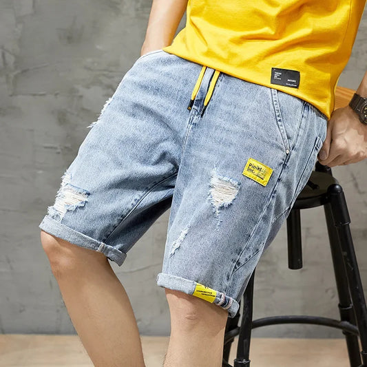 Summer Denim Shorts For Men Trendy Ripped Elastic Waist Loose Fit Casual Jeans 5 Minute Length Middle Pants