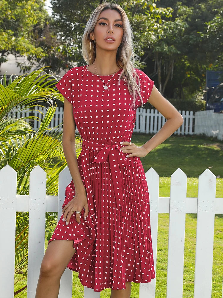 Women Short Sleeve Polka Dot Print Midi Dresses