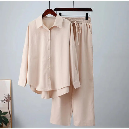 2024 New Style Amazon Autumn/Winter Cotton Linen Solid Color Loose-Fit Shirt Wide-Leg Trousers Casual Suit For Women