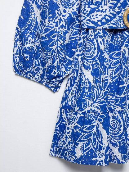 DUOPERI Women With Belt Printed Mini Dress Single Breasted V-Neck High Female Elegance Chic Lady Long Sleeves Dresses