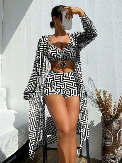 Print Swimsuits Tankini Set with Long Cover Ups Female Swimwear Sports Beach Wear 3 Piece Bathing Suit Women Swimming Bikinis