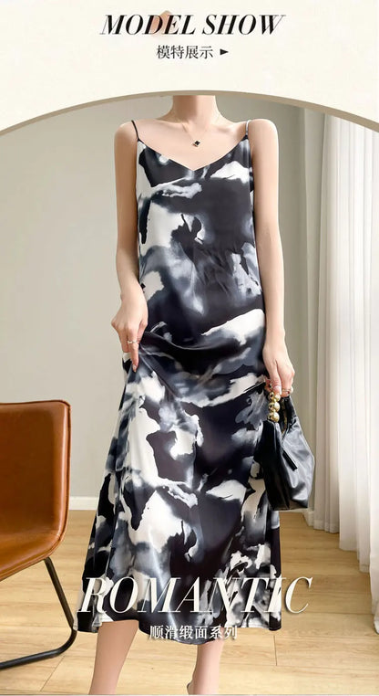 2024 Spring and Summer New Women's Dress Colorful Flower Suspender Skirt Satin Silky Dress Cool and Comfortable