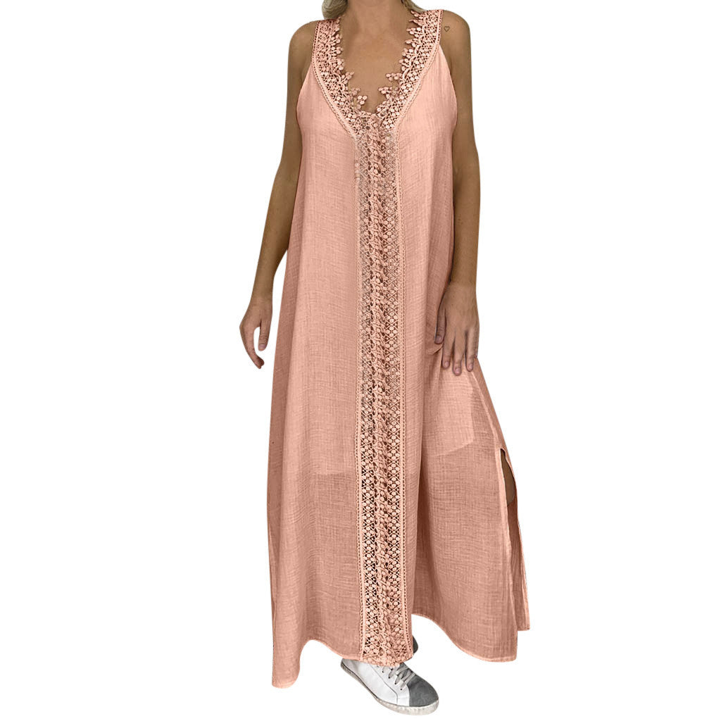 2025 New Summer Women Loose Sleeveless Lace Splice Dress Designer Casual Elegant White Dresses For Women Robe Femmes