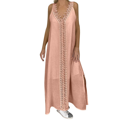 2025 New Summer Women Loose Sleeveless Lace Splice Dress Designer Casual Elegant White Dresses For Women Robe Femmes