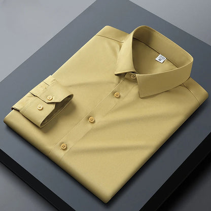Long sleeved shirt for men's business casual orange non ironing wrinkle resistant elastic solid color men's shirt new style