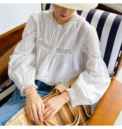 2025 Spring New Women's French White Shirt Splicing Lace Embroidery Design Ladies Shirt Long Sleeve Casual Holiday Beach Tops