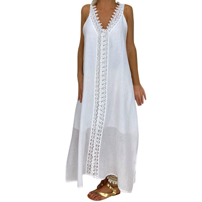 2025 New Summer Women Loose Sleeveless Lace Splice Dress Designer Casual Elegant White Dresses For Women Robe Femmes