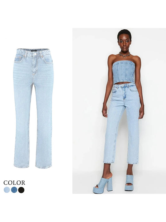 Women's Jeans Casual Double Side Pockets Beltless Denim Straight Leg Plain Zip fly Pants Fashion Clothing