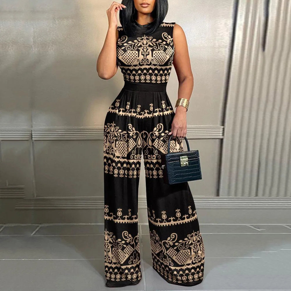 Elegant Women Wide Leg Long Printed Sleeveless Jumpsuits Trouser